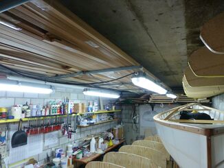 Cedar strips are stored on a T screwed to the ceiling